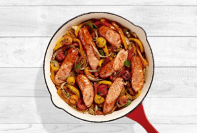 Cajun Style Andouille Sausage Skillet with Mixed Peppers, Onions, Blistered Tomatoes