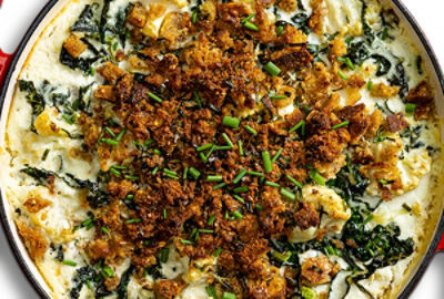 Cauliflower and Kale Gratin with Cauliflower Stem Cream