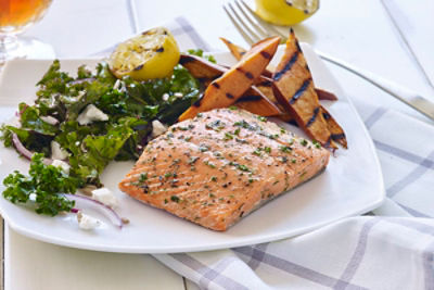 Cedar Plank Grilled Alaska Salmon with Sweet Potatoes