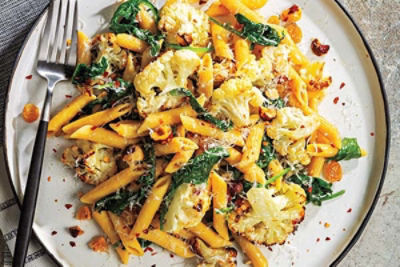 Chickpea Penne with Roasted Cauliflower and Kale