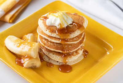 Cottage Cheese Power Pancakes with Honey Glazed Bananas and Lemon Yogurt