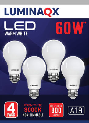 Luminaqx LED Light Bulb, A19, 9 Watt, Warm White, 4 Count