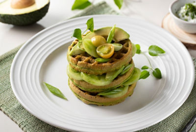 Go Green! Protein Waffles with Green Tomatoes, Avocado and Herbed Yogurt