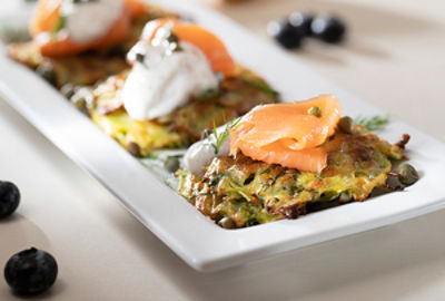 Green and Brown Baked Hash Cakes with Smoked Salmon and Horseradish Sauce