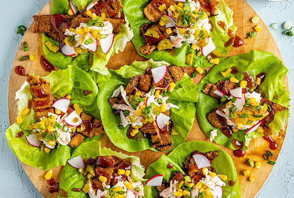 Grilled BBQ Tempeh Bacon Lettuce Wraps