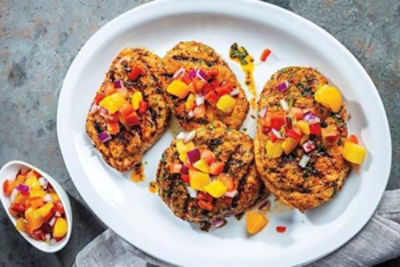 Grilled Blackened Pork Chops with Peach-Mango Salsa