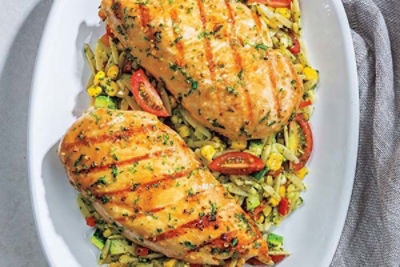 Grilled Chicken with Pesto Orzo Salad