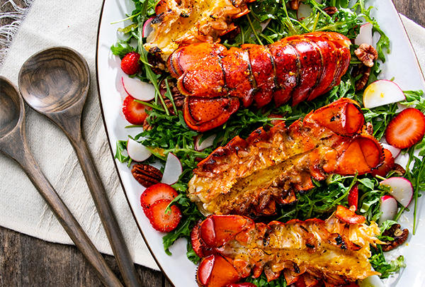 Grilled Citrus Lobster Tails with Arugula Salad & Fresh Strawberries