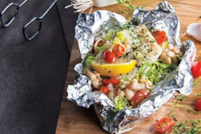 Grilled Cod, White Bean & Tomato Packets