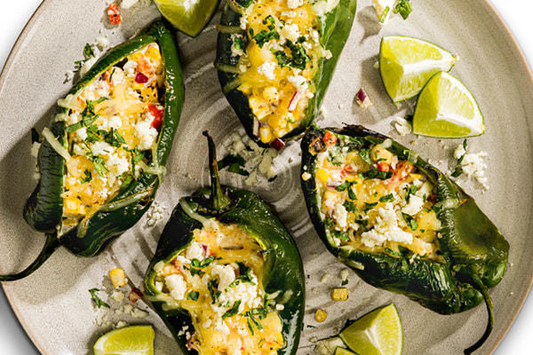 Grilled Corn and Queso Stuffed Poblano Peppers