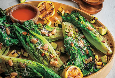 Grilled Romaine Hearts with Sun-Dried Tomato-Lemon Vinaigrette