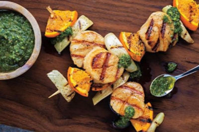 Grilled Scallop, Fennel & Orange Kabobs with Arugula Pesto