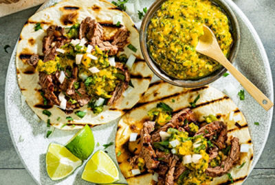 Grilled Skirt Steak Tostadas with Mango Chimichurri