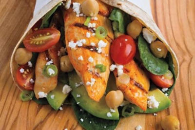 Grilled Yogurt-Harissa Chicken Wraps with Tomatoes, Chickpeas & Avocado