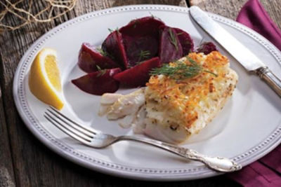 Horseradish & Potato-Crusted Cod with Dilled Beets