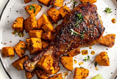 Jerk Marinated Turkey Legs with Mango Glazed Sweet Potatoes