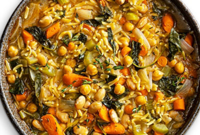 Lemon Kale Orzo Soup with Chickpeas and White Beans