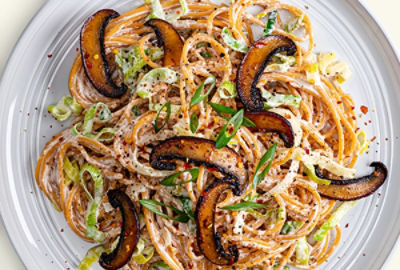 Lentil Spaghetti with Cashew-Leek Cream & Mushroom “Bacon”