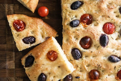 No Knead Focaccia with Olives and Tomatoes