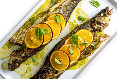 Orange Pesto Roasted Branzino