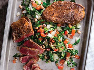 Oven-Roasted Berbere-Spiced New York Strip Steak with Collard Greens