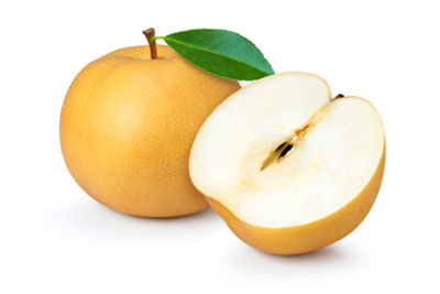 Fresh pears in male hands. Juicy flavorful pears in box, basket