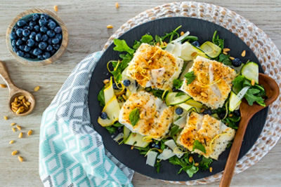 Parmesan-Crusted Alaska Cod With Summertime Arugula Salad