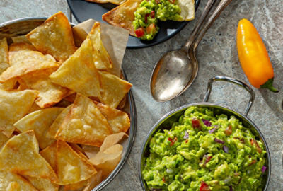 Pea-Guacamole Dip with Baked Tortilla Chips