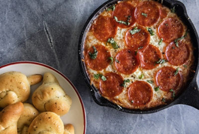Pepperoni Pizza Dip with Garlic Knots