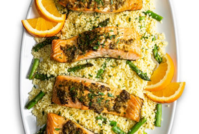 Pesto Salmon with Citrus Asparagus Couscous