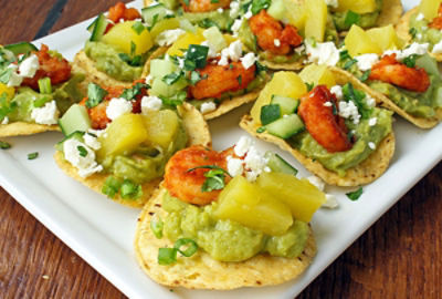 Pineapple Shrimp and Guacamole Mini Tostadas