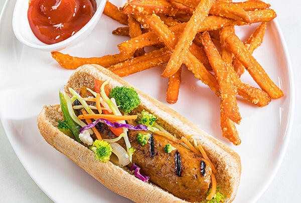 Plant-Based BBQ Sausages with Sweet Potato Fries