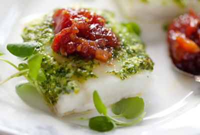 Roasted Alaska Cod with Kale Pesto and Tomato Jam