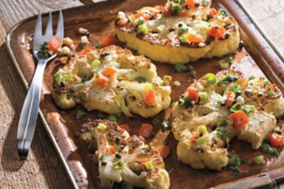 Roasted Cauliflower Steaks with Warm Tomato-Caper Vinaigrette