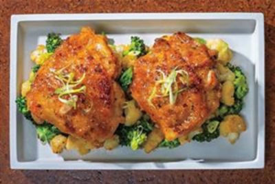 Roasted Chicken Thighs with Korean Broccoli & Cauliflower