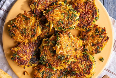 Root Vegetable and Kale Fritters with Honey Harissa Aioli