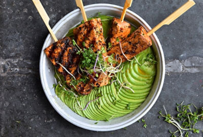 Salmon Skewers with Italian Herbs on an Avocado Plate