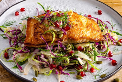 Salmon with Brussels Sprout Red Cabbage and Fennel Slaw