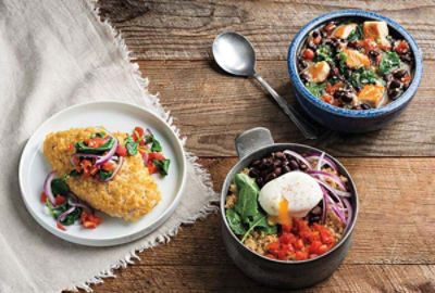 Sauteed Kale & Tomato Topped Quinoa-Crusted Chicken