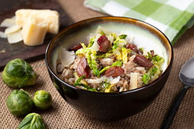 Savory Oatmeal with Parsnip, Brussels Sprouts Crispy Bacon and Parmesan