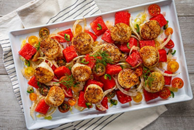 Seared Scallops with Watermelon, Fennel & Tomato Salad