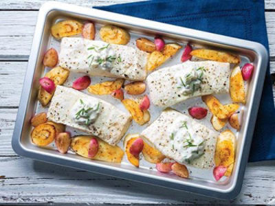 Sheet-Pan Halibut with Roasted Parsnips, Radishes & Green Chile Cream