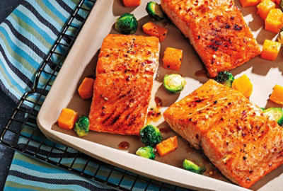 Sheet-Pan Honey Mustard Glazed Salmon with Roasted Vegetables