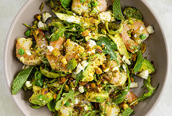 Shrimp and Asparagus Pea Salad with Mint Pistachio Pesto