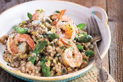 Slow Cooker Shrimp, Asparagus & Mushroom Farro Risotto