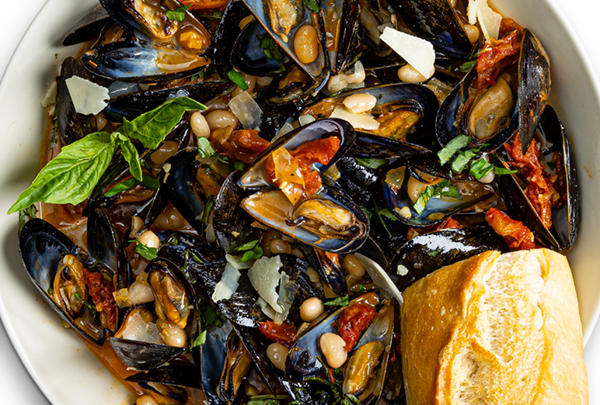 Smoky Mussels with Navy Beans
