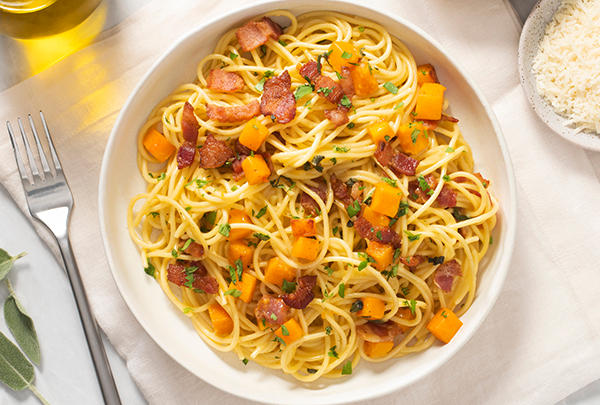 Spaghetti Carbonara with Bacon, Butternut Squash and Sage