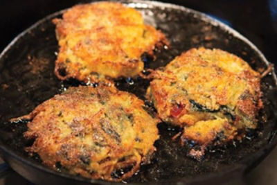 Spaghetti Squash, Spinach & Bacon Cakes with Jalapeño-Parmesan Sour Cream