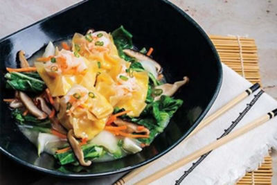 Steamed Shrimp Shumai with Miso Braised Vegetables