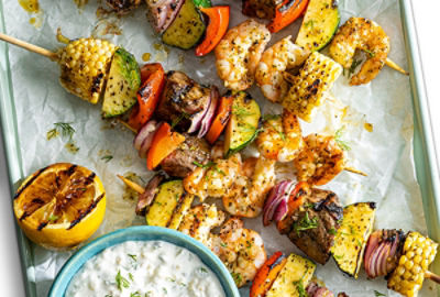 Surf and Turf Kabobs with Feta Yogurt Dip